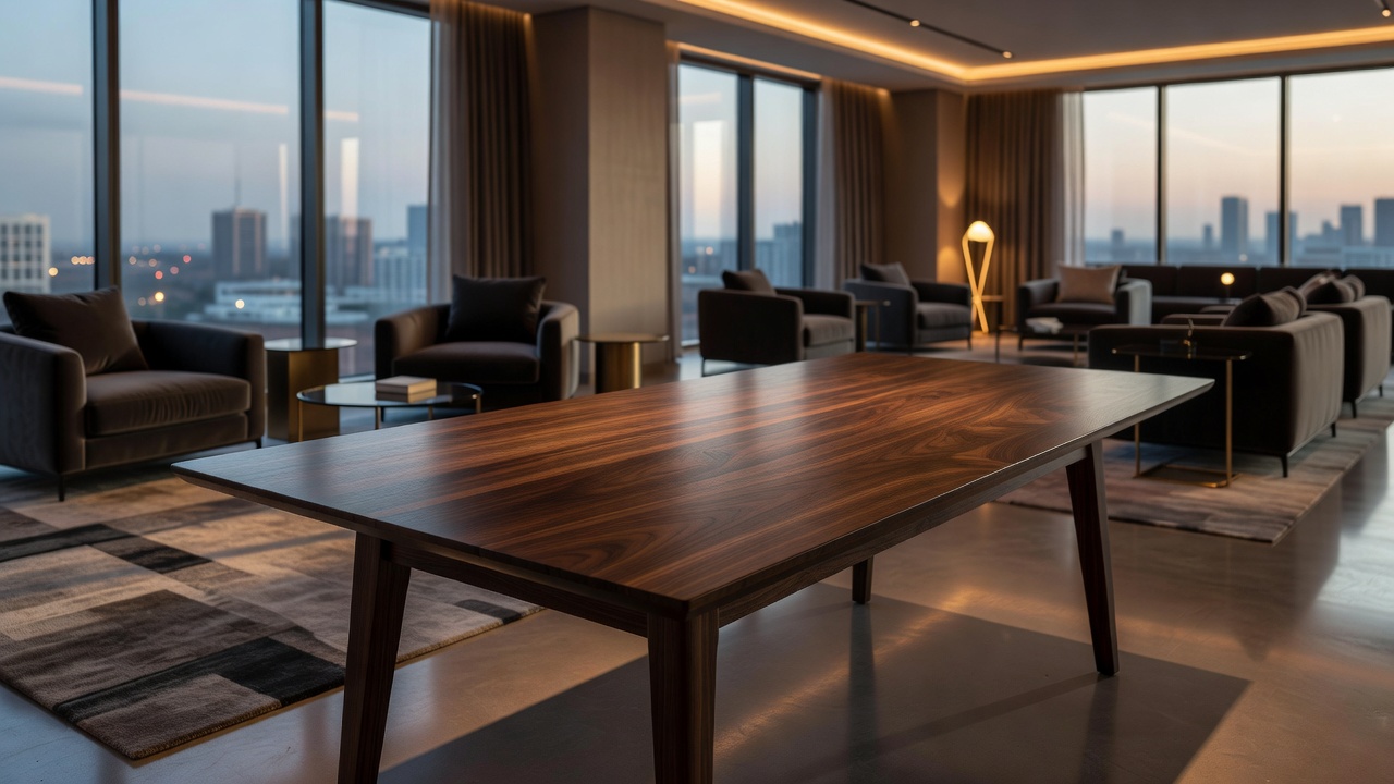 Elegant wooden card table surface in a modern lounge environment