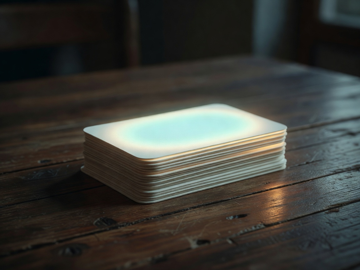 Subtle glowing card stack on a tabletop